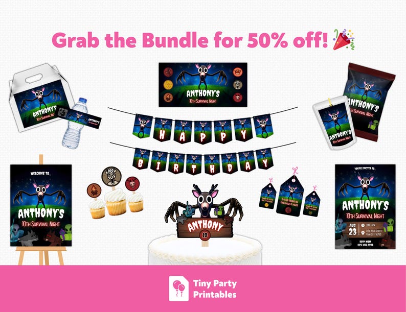 May include: A collection of party supplies with a spooky theme. Includes a banner that says "Happy Birthday", cupcake toppers, cake topper, invitation, water bottle label, and snack bag. The theme is "Anthony's 10th Survival Night".