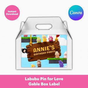Editable Labubu Gable Box Label | Labubu Pin for Love Kids Birthday Party Favors Decorations | Printable Canva Template, Instant Download