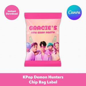 Bewerkbaar Kpop Demon Hunters Chip-taslabel | Saja Boys Verjaardagsfeestje gunsten voor kinderen | Afdrukbare canvassjabloon, direct downloaden