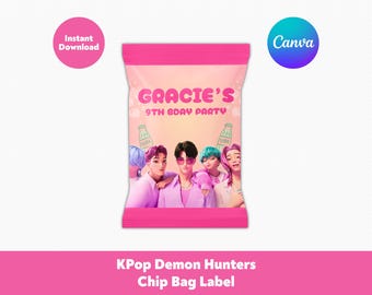 Étiquette de sac à puces Kpop Demon Hunters modifiable | Décorations de cadeaux d'anniversaire pour enfants Saja | Modèle imprimable sur toile, téléchargement immédiat