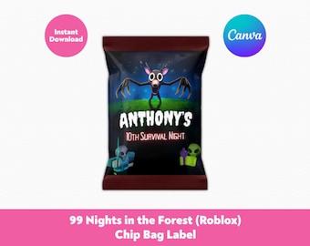 Bearbeitbares Roblox 99 Nights in the Forest Chip Taschenetikett | Roblox Kindergeburtstag Gastgeschenke Dekorationen | Druckbare Canva Vorlage
