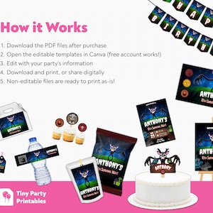 May include: A collection of party supplies with a bat theme, including a cake, banners, gift tags, and snack bags. The text "Anthony's 10th Survival Night" is visible on several items. The image also includes the text "How it Works".