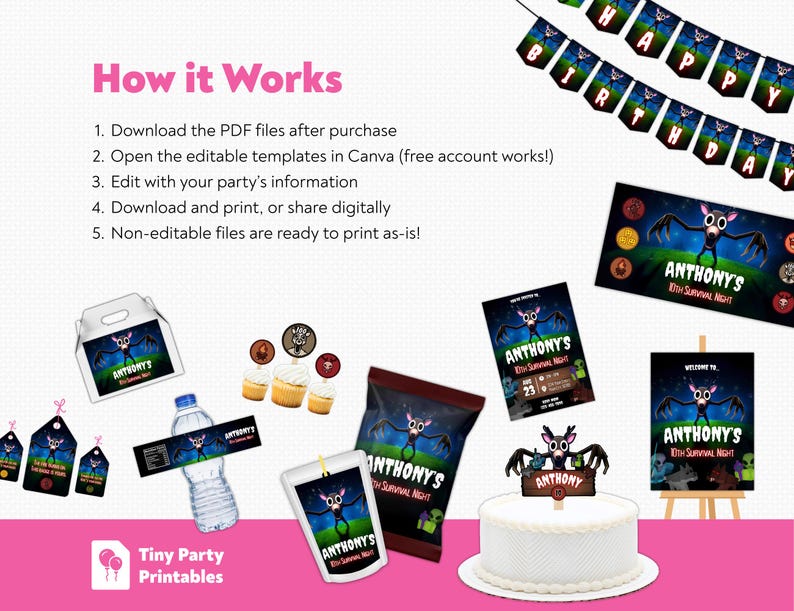 May include: A collection of party supplies with a bat theme, including a cake, banners, gift tags, and snack bags. The text "Anthony's 10th Survival Night" is visible on several items. The image also includes the text "How it Works".