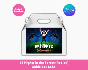 Bearbeitbares Roblox 99 Nights in the Forest Gable Box Label | Roblox Kindergeburtstag Gastgeschenke Dekorationen | Druckbare Canva Vorlage