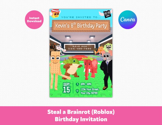 Editable Roblox Steal a Brainrot Birthday Invitation | Italian Brainrot Kids Birthday Party Invite | Printable Canva Template