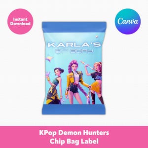 Bewerkbaar Kpop Demon Hunters Chip-taslabel | HUNTR/X Decoraties voor verjaardagsfeestjes voor kinderen | Afdrukbare canvassjabloon, direct downloaden