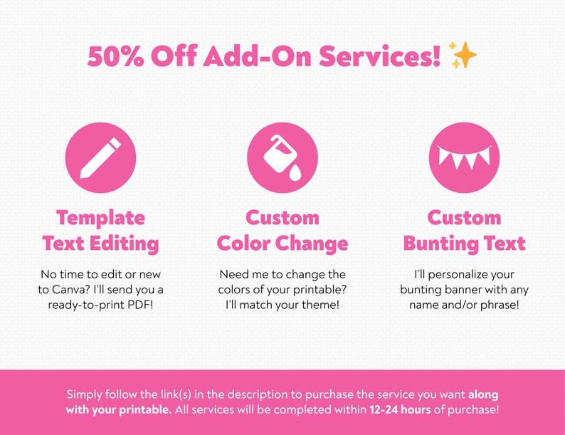 May include: Pink graphic with text: "50% Off Add-On Services!" and three pink circles with icons. The circles read: "Template Text Editing", "Custom Color Change", and "Custom Bunting Text". The bottom text reads: "Simply follow the link(s) in the description..."