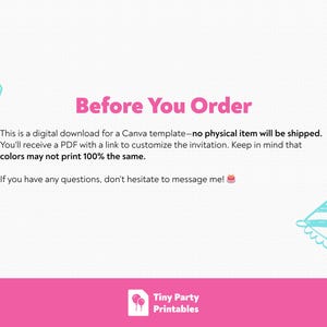 May include: A digital download announcement with the text "Before You Order" in pink. The announcement includes a cake and party hat illustration in light blue. The text explains the digital download process and mentions that colors may not print the same.