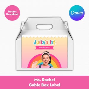Editable Ms. Rachel Gable Box Label | Miss Rachel Kids Birthday Party Favors Decorations | Printable Canva Template, Instant Download