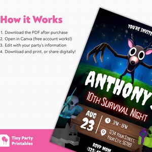 May include: A digital invitation for Anthony's 10th Survival Night, featuring a cartoon deer-like creature with large eyes. The invitation includes event details such as date, time, and location, set against a dark blue and green background. The text "How it Works" is also visible.