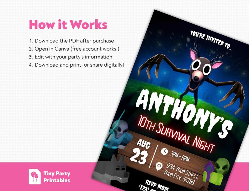May include: A digital invitation for Anthony's 10th Survival Night, featuring a cartoon deer-like creature with large eyes. The invitation includes event details such as date, time, and location, set against a dark blue and green background. The text "How it Works" is also visible.