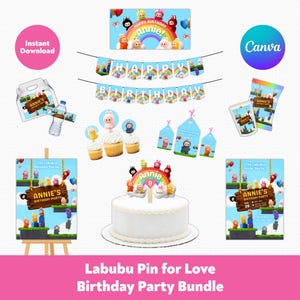 Editable Labubu Birthday Party Decorations Bundle | Labubu Pin for Love Kids Party Favors Bundle | Printable Canva Template/Instant Download