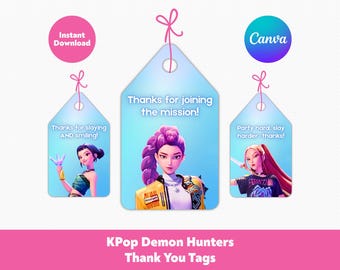 Editable Kpop Demon Hunters Thank You Tags | HUNTR/X Birthday Party Favors Decorations | Printable Canva Template, Instant Download