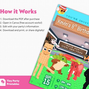 May include: A vibrant birthday party invitation with blocky animal illustrations. The invitation reads "Kevin's 8th Birthday Party" and includes RSVP details. The date is September 15th, with the party from 3 PM to 8 PM.