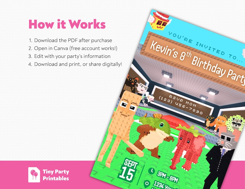 May include: A vibrant birthday party invitation with blocky animal illustrations. The invitation reads "Kevin's 8th Birthday Party" and includes RSVP details. The date is September 15th, with the party from 3 PM to 8 PM.