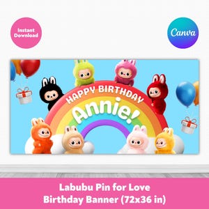 Editable Labubu Birthday Party Banner | Labubu Pin for Love Kids Birthday Party Decorations | Printable Canva Template, Instant Download