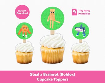 Afdrukbare Roblox Steal a Brainrot-cupcaketoppers | Italiaanse Brainrot Kids Verjaardagsfeestje Gunsten Decoraties | Direct downloaden