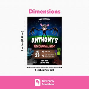 May include: A rectangular invitation card, 5 inches wide and 7 inches tall, with a dark background and a cartoon monster illustration. The text reads "ANTHONY'S 10TH SURVIVAL NIGHT" with event details and RSVP information.