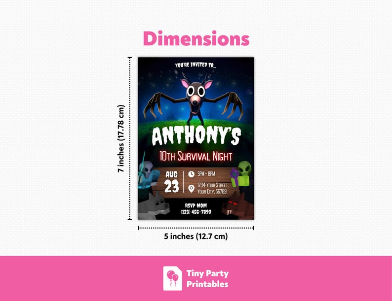 May include: A rectangular invitation card, 5 inches wide and 7 inches tall, with a dark background and a cartoon monster illustration. The text reads "ANTHONY'S 10TH SURVIVAL NIGHT" with event details and RSVP information.