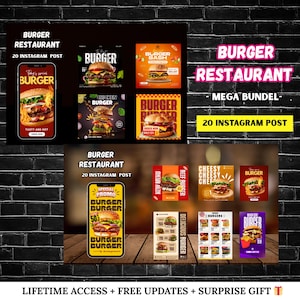 20 Burger Restaurant Instagram Canva Templates – Editable Fast Food Marketing Posts for Burger Shops & Food Businesses | Fast Food Template
