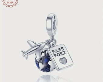 Airplane Passport Dangle Charm , Silver 925 Charm for Bracelet