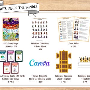 May include: An image showcasing a bundle of digital RPG game assets. Included are RPG game maps, character tokens, game rules, adventure decks, Canva templates, a treasure chest template, and a crown template. The assets are designed for use in tabletop role-playing games.