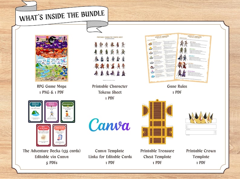 May include: An image showcasing a bundle of digital RPG game assets. Included are RPG game maps, character tokens, game rules, adventure decks, Canva templates, a treasure chest template, and a crown template. The assets are designed for use in tabletop role-playing games.