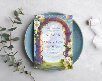 Zestaw zaproszeń ślubnych Enchanted Fantasy | Edytowalne szablony Canva | Zestaw papeterii ślubnej z motywem średniowiecznej baśni