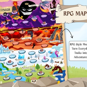 May include: A colorful RPG map with various fantasy locations, including a fiery landscape, icy regions, and a forest. The map features the text "RPG MAP" and a tagline: "RPG Style Map to Turn Everyday Tasks into Adventures."
