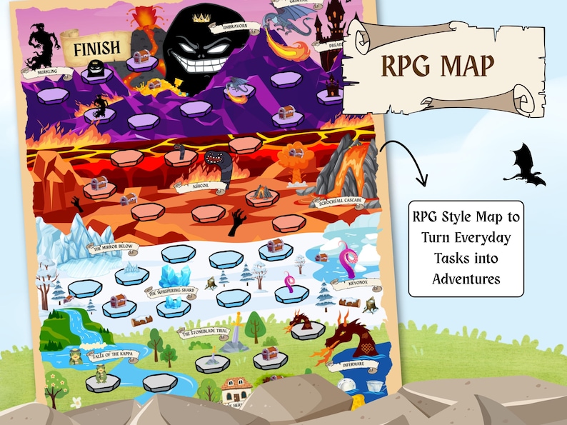 May include: A colorful RPG map with various fantasy locations, including a fiery landscape, icy regions, and a forest. The map features the text "RPG MAP" and a tagline: "RPG Style Map to Turn Everyday Tasks into Adventures."