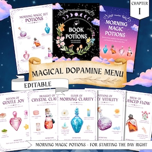 May include: A collection of fantasy-themed printables featuring potion recipes and a "Magical Dopamine Menu." The designs include colorful potion bottles, floral accents, and the text "Morning Magic Potions" and "Book of Potions."