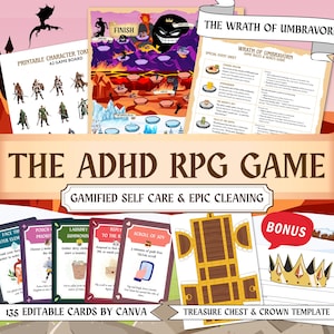 May include: A selection of game components for "The ADHD RPG Game," featuring a game board, character tokens, event sheets, and editable cards. The theme is gamified self-care and epic cleaning, with a bonus treasure chest and crown template.