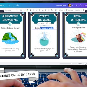 May include: Laptop screen displaying three fantasy-themed cards with text: "Summon the Showerfall," "Hydrate the Vessel," and "Ritual of Renewal." Each card features illustrations and instructions. The phrase "Editable Cards by Canva" is also visible.