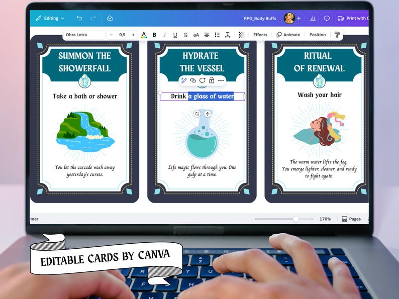 May include: Laptop screen displaying three fantasy-themed cards with text: "Summon the Showerfall," "Hydrate the Vessel," and "Ritual of Renewal." Each card features illustrations and instructions. The phrase "Editable Cards by Canva" is also visible.