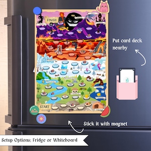 May include: A colorful game board with a fantasy theme, featuring a path with various illustrated locations. The board is attached to a refrigerator with magnets. Text on the board includes "START" and "FINISH". A pink card holder is nearby.