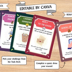 May include: A collection of colorful task and reward cards with text like "Tasks Deck", "Face the Water Element", and "Scroll of Joy". The cards are designed with illustrations and text, and the phrase "Editable by Canva" is visible.