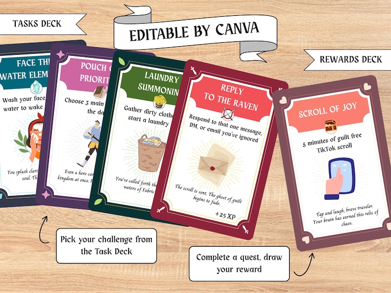 May include: A collection of colorful task and reward cards with text like "Tasks Deck", "Face the Water Element", and "Scroll of Joy". The cards are designed with illustrations and text, and the phrase "Editable by Canva" is visible.
