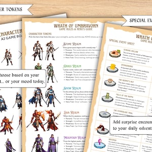 May include: Printable character tokens and game rules for Wrath of Umbravorn. The sheets feature character illustrations and text, with options like Stone Realm and Grass Realm. Includes a special event sheet with encounter ideas.