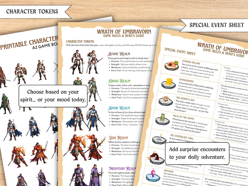 May include: Printable character tokens and game rules for Wrath of Umbravorn. The sheets feature character illustrations and text, with options like Stone Realm and Grass Realm. Includes a special event sheet with encounter ideas.