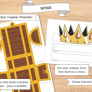 May include: Printable treasure chest and crown templates. The treasure chest is brown with gold accents. The crown is gold with red gems. Text includes "Bonus", "Treasure Chest Template (Printable)", and "Crown (cut-out/printable)".