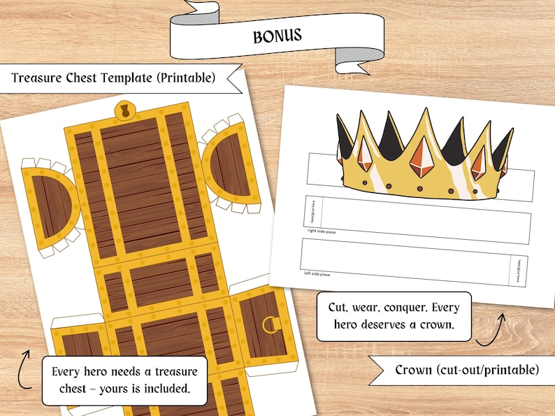May include: Printable treasure chest and crown templates. The treasure chest is brown with gold accents. The crown is gold with red gems. Text includes "Bonus", "Treasure Chest Template (Printable)", and "Crown (cut-out/printable)".