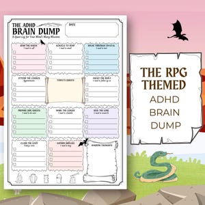 May include: A white RPG-themed ADHD Brain Dump notepad with a quest log layout. The notepad features sections for tasks like "Send the Raven" and "Today's Quests." A dragon and a snake are also visible.