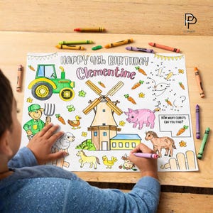 May include: A child coloring a farm-themed birthday coloring page with crayons. The page features a tractor, windmill, pig, horse, and other farm animals. The text reads "Happy 4th Birthday Clementine". Crayons in various colors are scattered around the page.