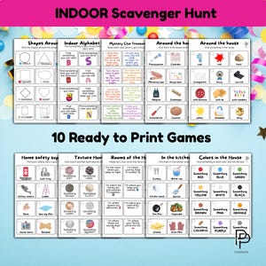May include: A printable indoor scavenger hunt game with colorful graphics and text. Includes various themed hunts like shapes, alphabet, and colors. Features a variety of clues and prompts for engaging activities. The text "INDOOR Scavenger Hunt" is at the top.