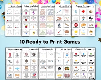 Paquete imprimible de búsqueda del tesoro en casa para niños, juegos para la casa, paquete de 10 actividades, hojas de trabajo divertidas para aprender en casa sin pantalla