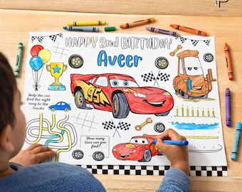 Personalisierte Autos Geburtstags-Mal-Tischset, Kinder Party-Aktivität zum 2