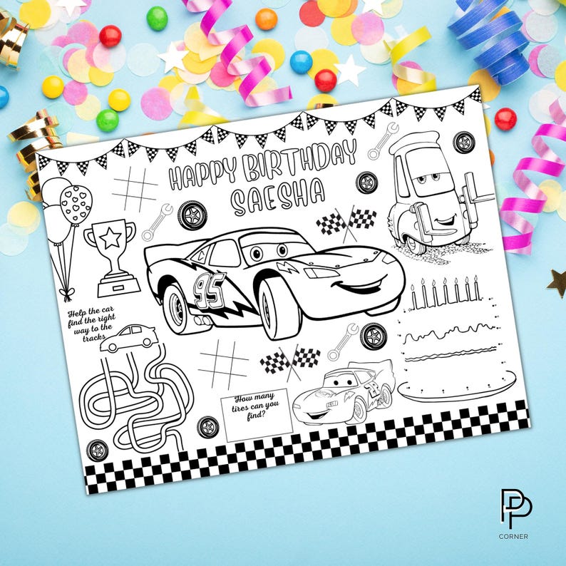 Personalized Cars Birthday Coloring Placemat, Kids Party Activity for ...