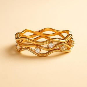 Gold Wave Diamond Ring for Women 14K Yellow Gold Wavy Band Dainty Stacking Ring Modern Anniversary Gift Fine Jewelry