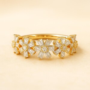 Gold Flower Diamond Ring 14K Yellow Gold Floral Band Unique Statement Ring for Women Designer Gift Fine Jewelry