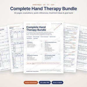 Puede incluir: Un paquete imprimible Complete Hand Therapy Bundle con 34 páginas de formularios de evaluación, referencias clínicas rápidas, ideas de tratamiento y un banco de objetivos. Incluye secciones para evaluaciones esenciales, notas de movimiento y herramientas.